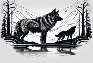 Black wolf reflection to white wolf tattoo idea