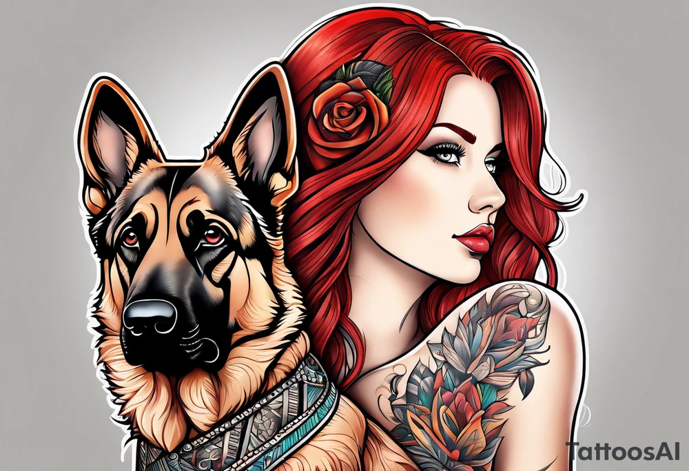 red hair woman with German shepherd dog tattoo idea