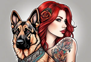 red hair woman with German shepherd dog tattoo idea