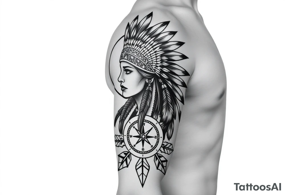 Native American girl with headdress in the sun a compass and a clock and arrowhead tattoo idea