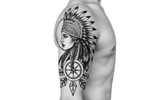 Native American girl with headdress in the sun a compass and a clock and arrowhead tattoo idea