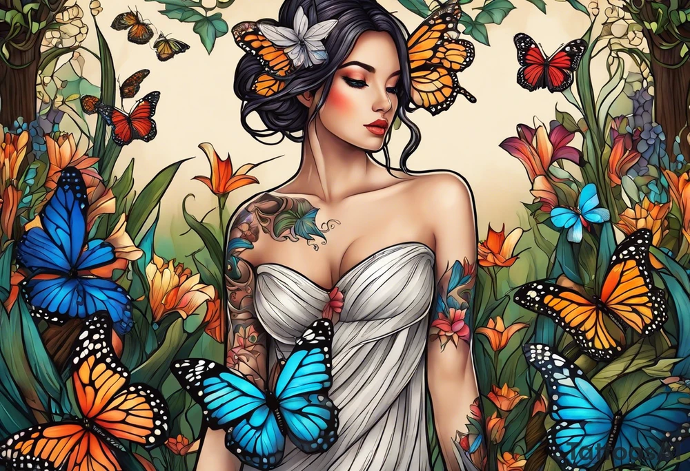 Wood nymph made or bark and branches standing upright. Butterflies in background. Lillies near her feet with colorful vegetation. tattoo idea