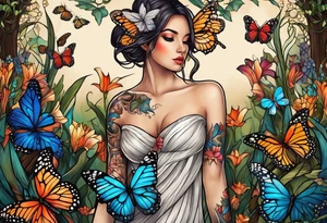 Wood nymph made or bark and branches standing upright. Butterflies in background. Lillies near her feet with colorful vegetation. tattoo idea