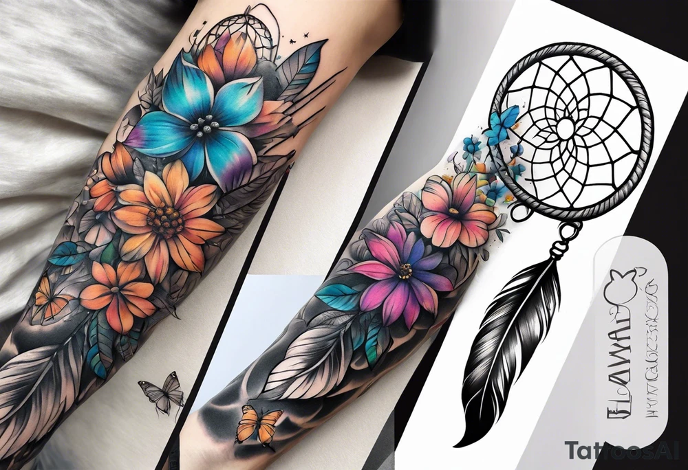 arm sleeve with dreamcatcher, rainbow flowers and one butterfly tattoo idea