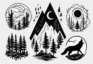 thunderstorm over a forest and a wolf howling tattoo idea
