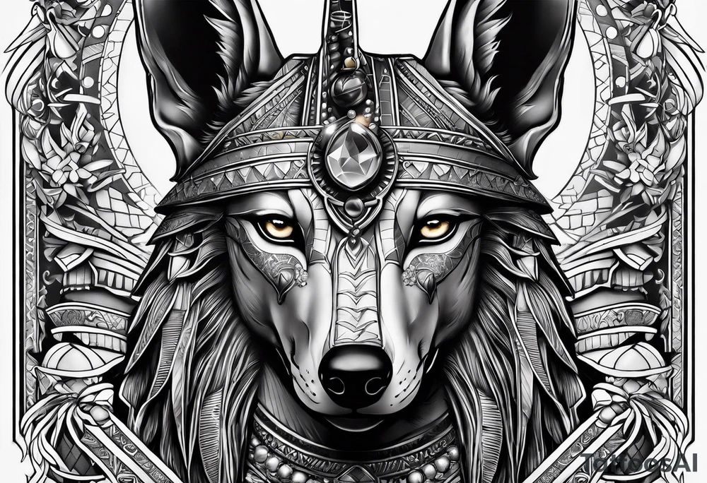 The war between Anubis  and ra tattoo sleeve design
Building and people tattoo idea