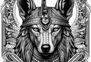 The war between Anubis  and ra tattoo sleeve design
Building and people tattoo idea