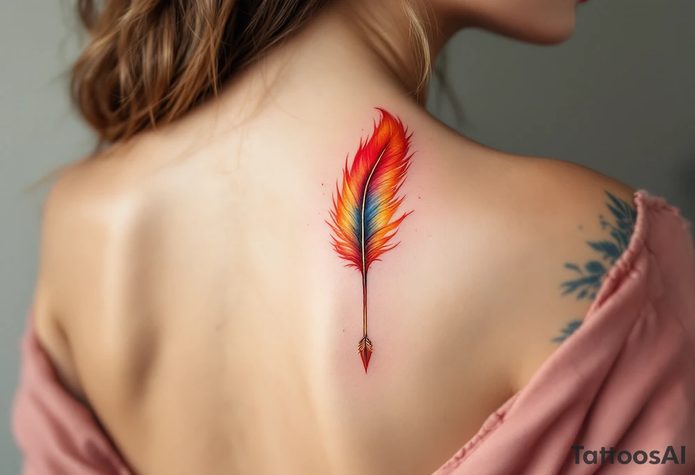 A golden arrow with a phoenix feather red and gold tail tattoo idea