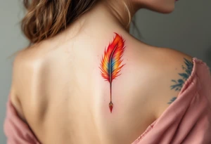 A golden arrow with a phoenix feather red and gold tail tattoo idea