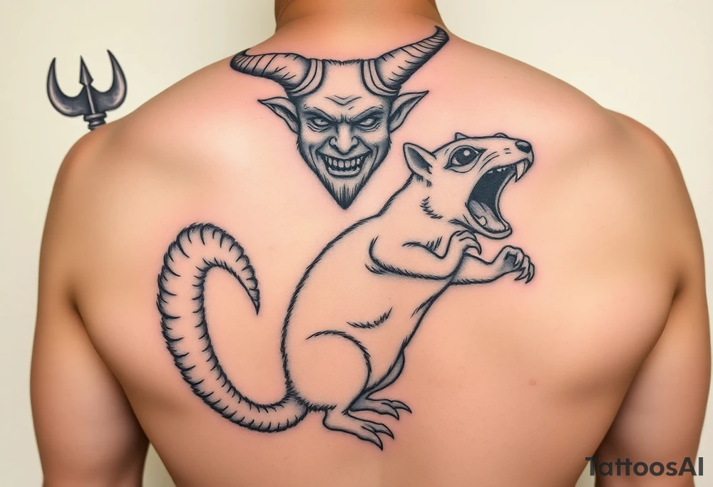 A giant of a man with goat horns and feet carrying the devils trident and in the other hand slaves on a chain a sickly squirrel with big teeth showing and an Angry little man mouth open and screaming on the back of the squirrel tattoo idea