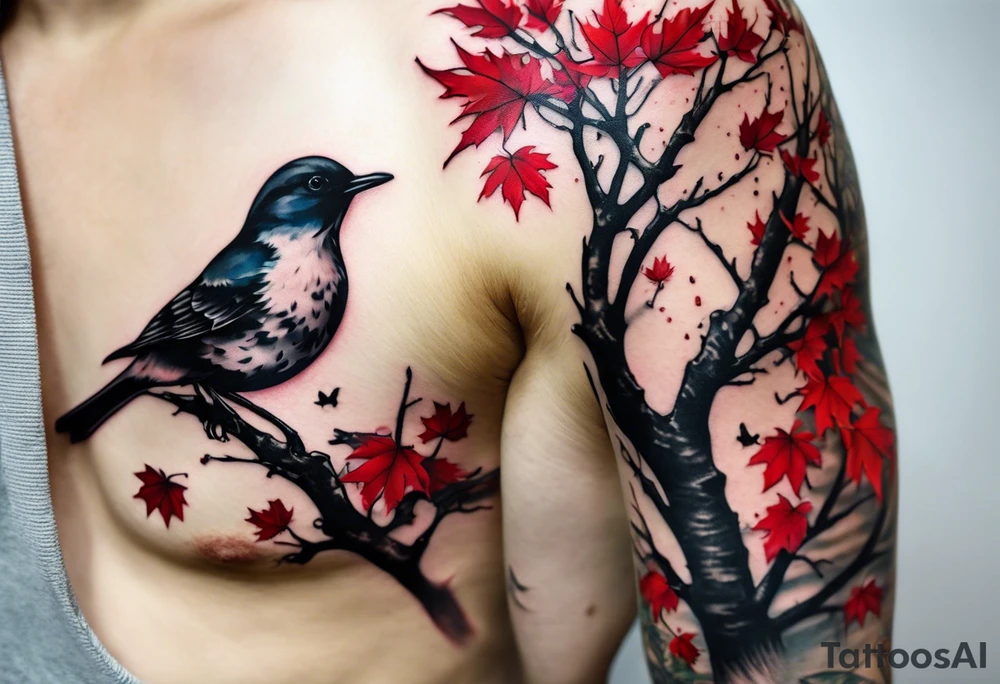 trash polka style. Arm tattoo. chest tattoo. Long tattoo. large tattoo. Full sleeve. Shoulder. A single large maple tree with red autumn leaves that branches upwards from wrist to shoulder. White-throated dipper bird on the trees branches. Calluna flowers at the base of the trees stem. Tree stem has dark colors. Red/yellow sunset behind the trees stem. Leaves falling. tattoo idea