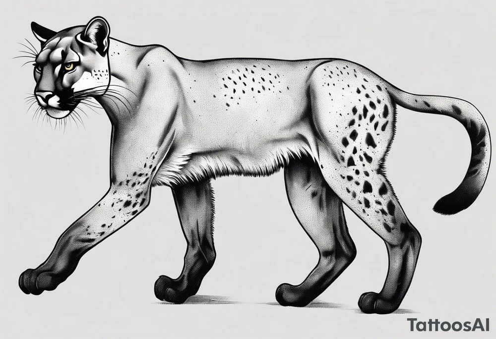 A black vicious puma walking but looking to the side, where the perspective is from above tattoo idea
