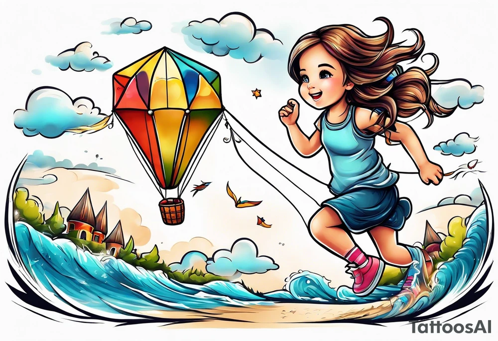 a little girl running away holding a kite tattoo idea
