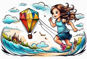 a little girl running away holding a kite tattoo idea