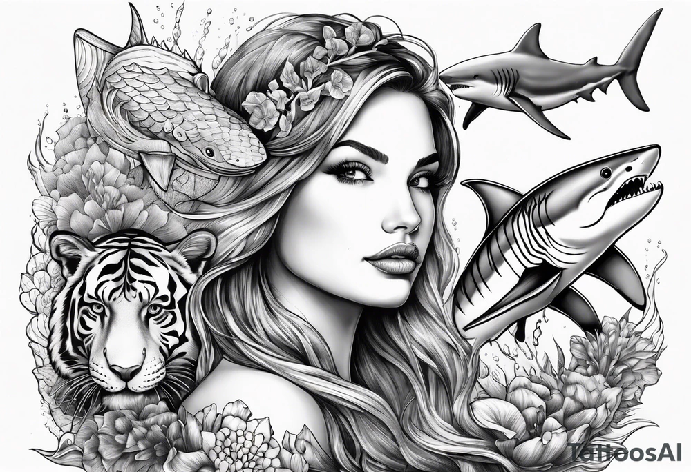 Mermaid with great white shark and tiger shark tattoo idea