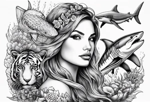 Mermaid with great white shark and tiger shark tattoo idea