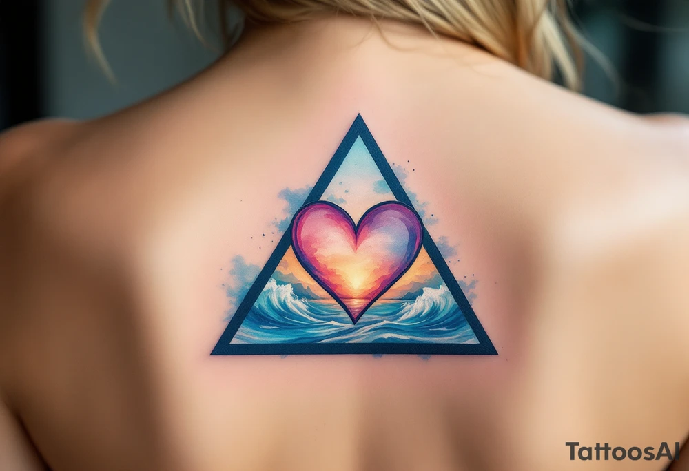 A triangle with a big heart in the center with an ocean travel theme tattoo idea