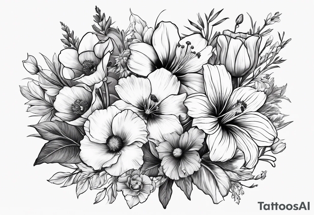 Single flower bouquet with 1 Violet, 1 Daffodil, 1 Gladiolus, 1 Poppy, 1 Cosmos tattoo idea