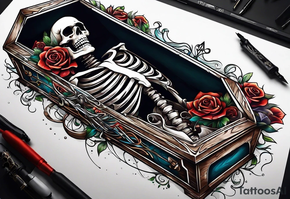 skeleton getting out of coffin tattoo idea