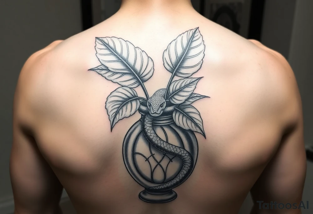 Large Decorative ornamental
 vase with large philodendron leaves with a snake wrapped around showing the head of the snake tattoo idea
