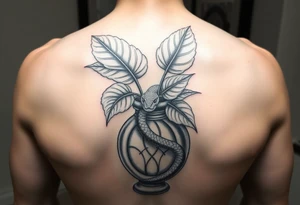 Large Decorative ornamental
 vase with large philodendron leaves with a snake wrapped around showing the head of the snake tattoo idea