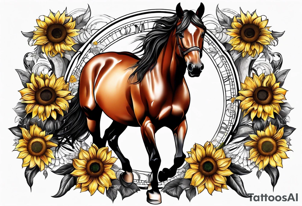 Horse, compass, sunflower tattoo idea