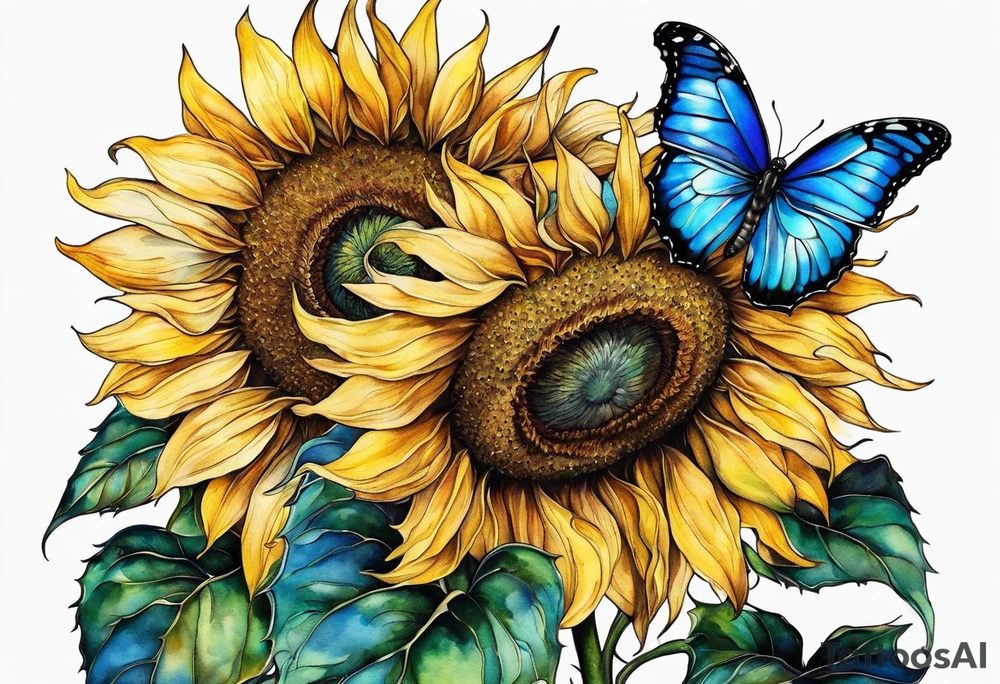 Sunflowers, full moon, blue morpho butterflies cross tattoo idea