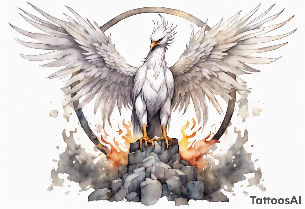 a white phoenix wearing a plain iron circlet, standing on a stone throne tattoo idea