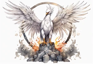 a white phoenix wearing a plain iron circlet, standing on a stone throne tattoo idea