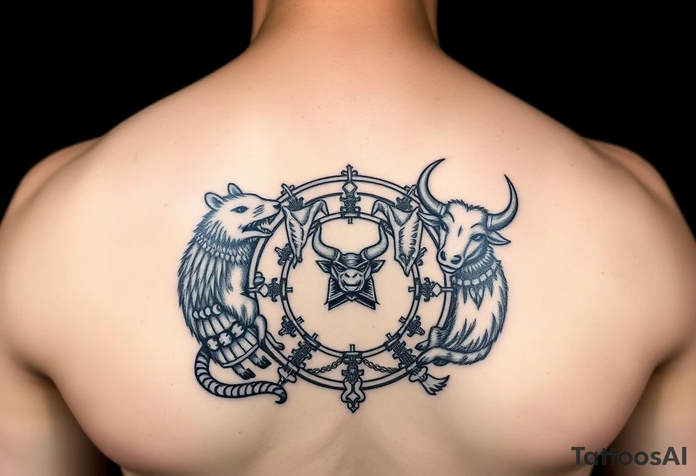 Japanese style tattoo consisting zodiac animals: rat, dog, goat, and ox all dressed up Samurai warrior style in a circular formation tattoo idea