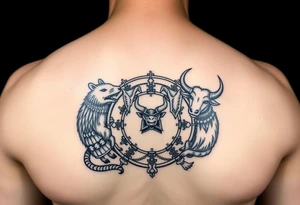 Japanese style tattoo consisting zodiac animals: rat, dog, goat, and ox all dressed up Samurai warrior style in a circular formation tattoo idea