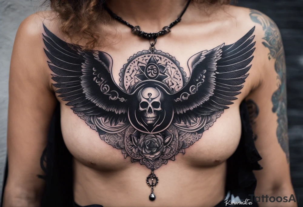 black kali, goddess pirate, alien, angel, pachamama, valkrye, warrior, flying, skull, lotus azul, wing, eagle, zenza resonance, stars, 5D, anahata chakra, death, durga, riding on a tiger, flying lady, kundalini, chest tatoo tattoo idea