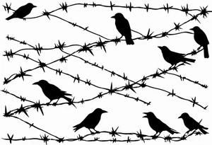 minimalist barbed wire starting from the shoulder to the arm with little crows like little kids draw them tattoo idea