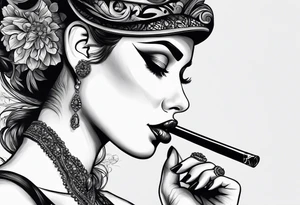 Woman smoking and ad the end of the smoke apears a eye with a tear tattoo idea