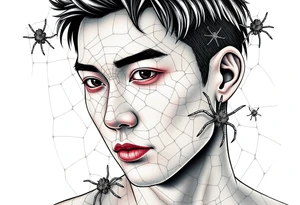 Handsome Asian young guy covered with spiders web tattoo idea