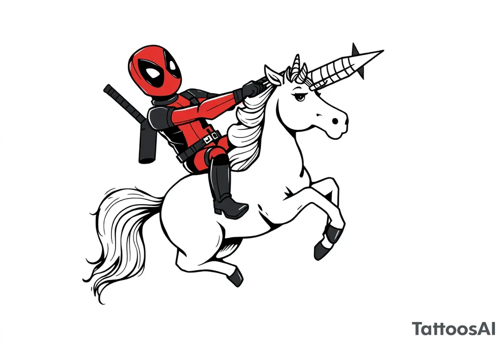 Deadpool riding cartoon unicorn shooting Rocket tattoo idea