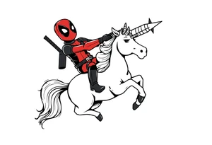 Deadpool riding cartoon unicorn shooting Rocket tattoo idea