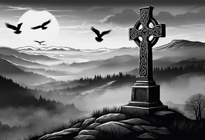 A stone Celtic cross solemnly standing atop a hill, a flock of ravens flies by in the distance. Mist rolls along the hilltops adding to the melancholic nature of the scene tattoo idea