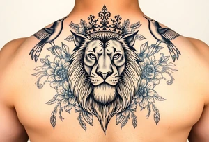 poking kong
werful majestic lion with a crown, surrounded by floral ornaments and birds tattoo idea