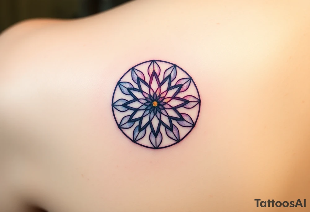 A floating Flower of Life with a glowing aura in round cyrcle, appearing as if suspended in space tattoo idea