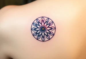 A floating Flower of Life with a glowing aura in round cyrcle, appearing as if suspended in space tattoo idea