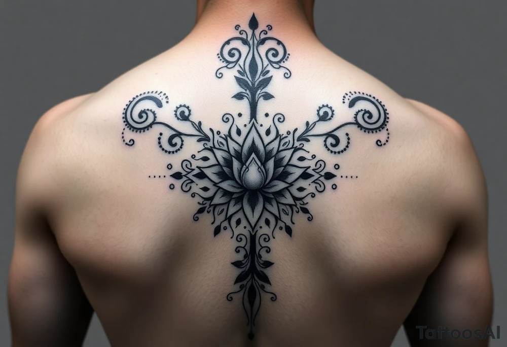 spine tattoo design with symmetrical ornamental patterns, combining dotwork, mandala elements, and flowing lines that follow the natural curves of the body. The design is intricate and balanced. to cover up a dark arrow with lotus flower in middle tattoo idea