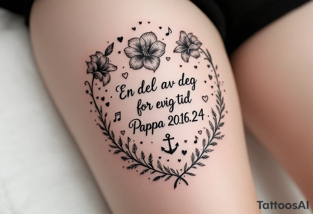 «En del av deg for evig tid
Pappa 20.12.24» Surrounded by long gladiolus, hearts, notes and an anchor tattoo idea