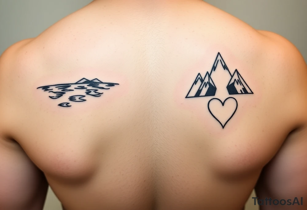 Small and simplistic milestone birthday couples tattoos, one with a water theme, one with a mountain theme and both having a heart. tattoo idea