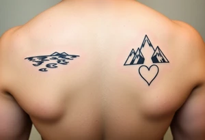 Small and simplistic milestone birthday couples tattoos, one with a water theme, one with a mountain theme and both having a heart. tattoo idea