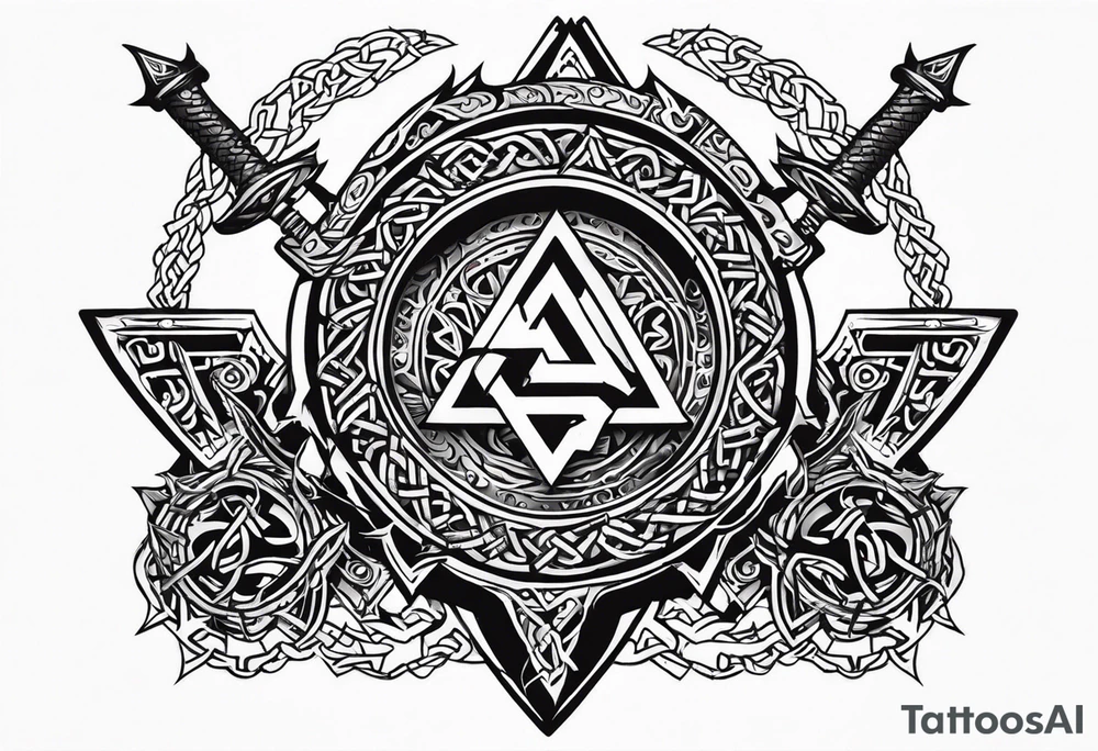 Valhalla sword shield dragon axe Valknut barbed wire chains tribal tattoo idea