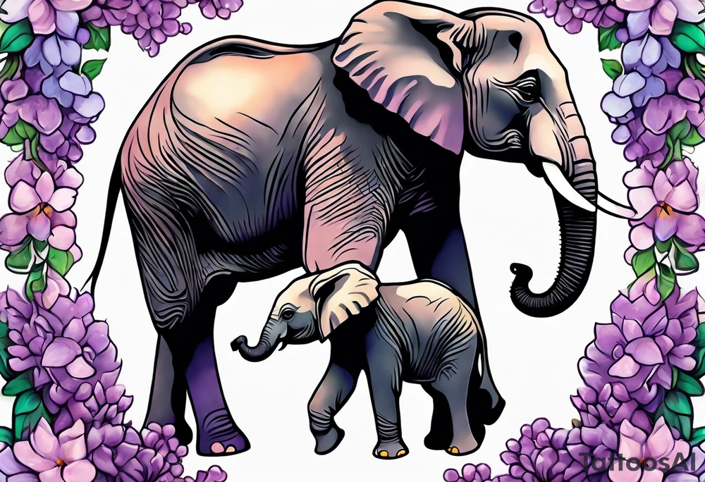Elephant passing lilacs to a baby Elephant tattoo idea