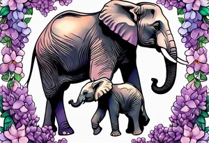 Elephant passing lilacs to a baby Elephant tattoo idea