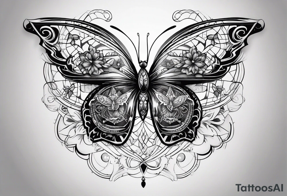 butterfly on the background of the mandala diamond network tattoo idea