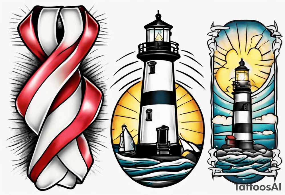 tattoo of a light house shining its light on a cancer support ribbon tattoo idea